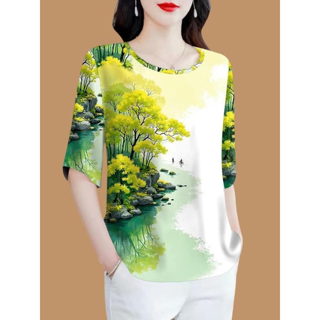 ~~ Camiseta feminina de meia manga, novo estilo, versão coreana, estampada, capa solta, barriga, aparência mais fina