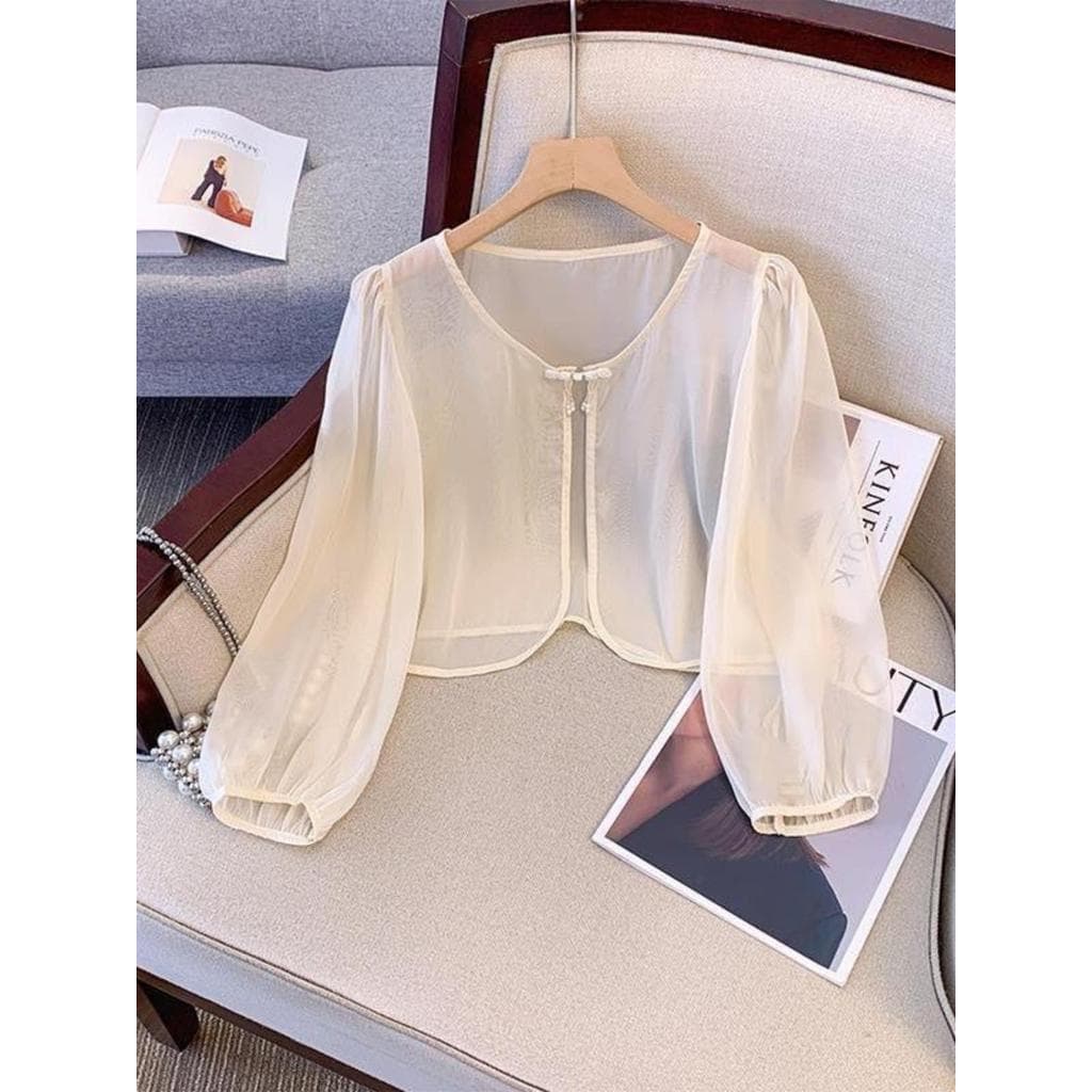 Estilo chinês botão Chiffon protetor solar roupas femininas verão manga comprida exterior Cardigan curto xale com saia b