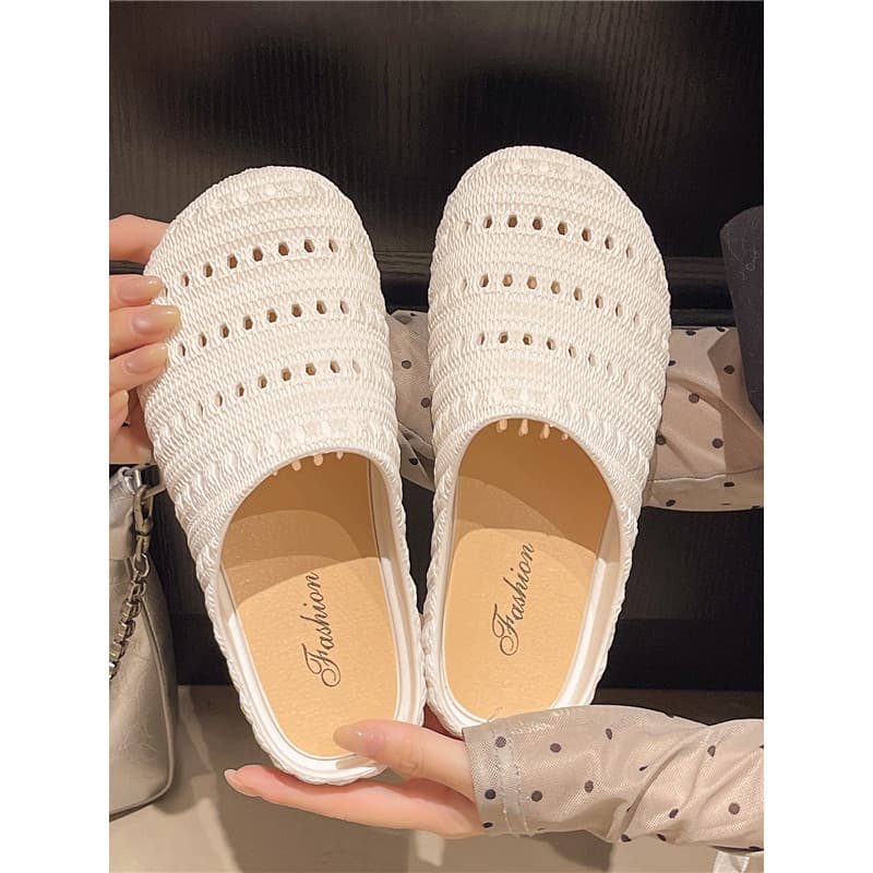 Estilo Casual tecido oco Toe-coberto chinelos feminino exterior usar sandálias antiderrapantes