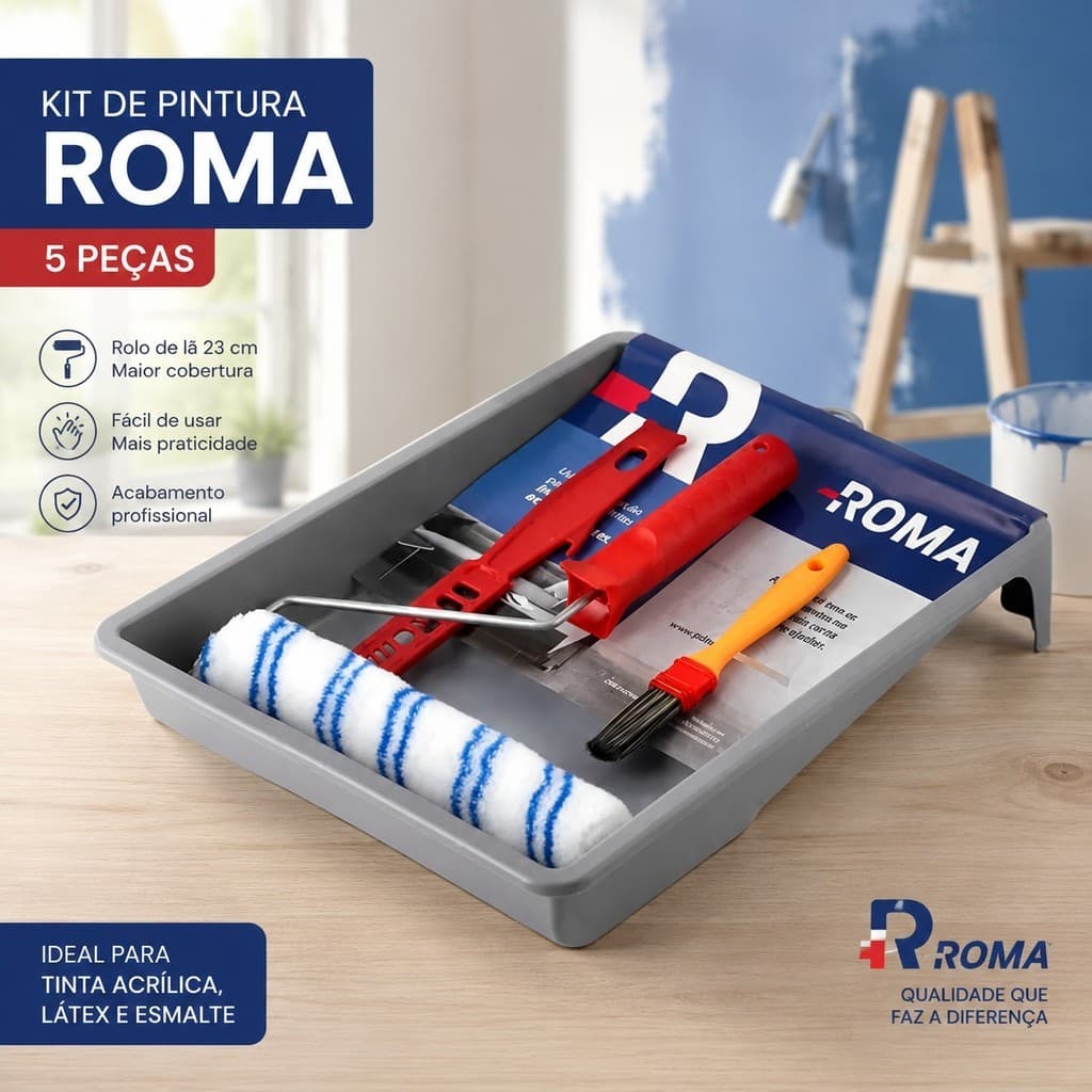 Kit Pintura Roma 5 Peças Rolo de Lã 23cm para Tinta Acrílica Látex e Esmalte Profissional