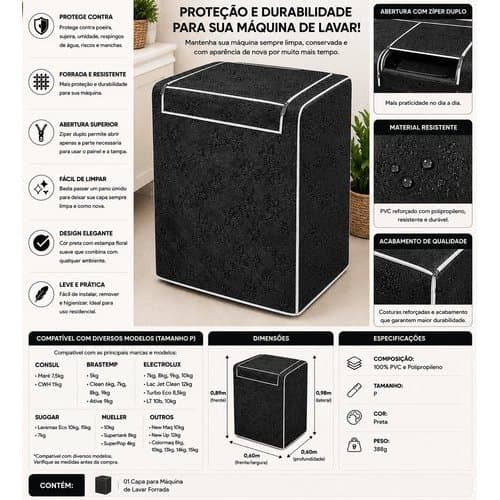 Capa Protecao Maquina Lavar Roupa Abertura Superior Duravel Resistente Impermeavel Preta