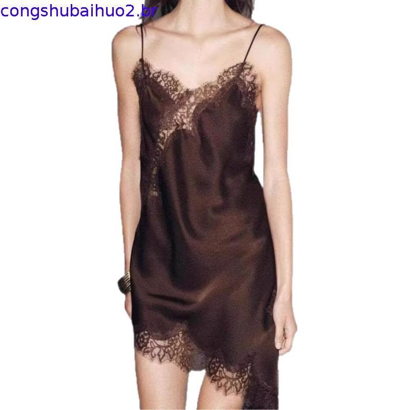 2025 verão novo produto feminino seda cetim textura renda decoração assimétrico vestido curto 5919200