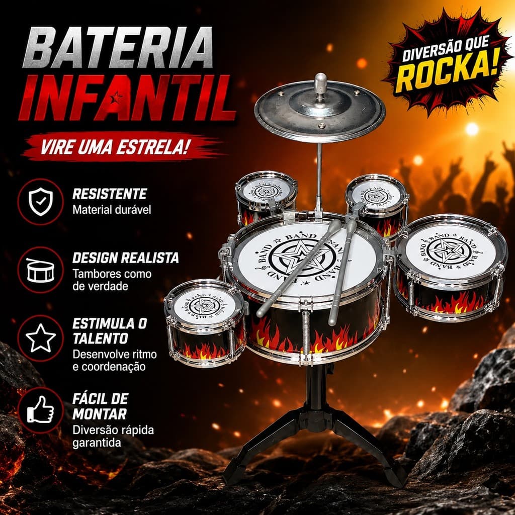 Brinquedo Instrumento Musical Mini Bateria Infantil Educativo Prato 5 Tambores 2 Baquetas Pedestal