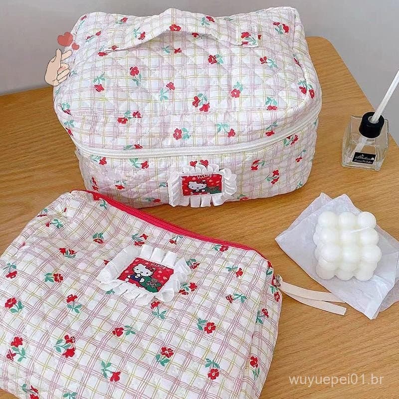 Conjunto De Bolsa De Maquiagem Hello Kitty Com Zíper Grande Cosméticos Macia Para Viagem Feminina Armazenamento H