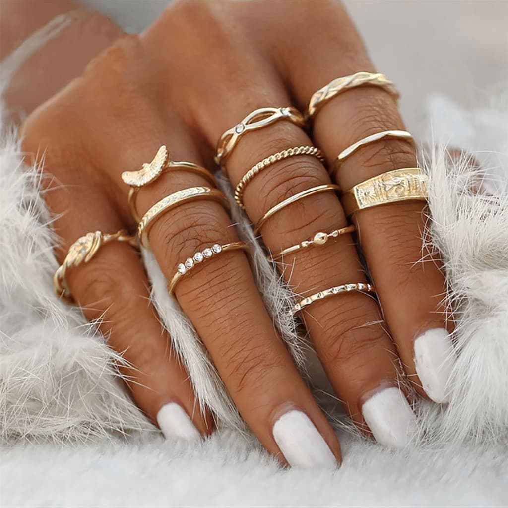 Kit 12 Anéis Feminino Boho Geométricos Paz Dourado