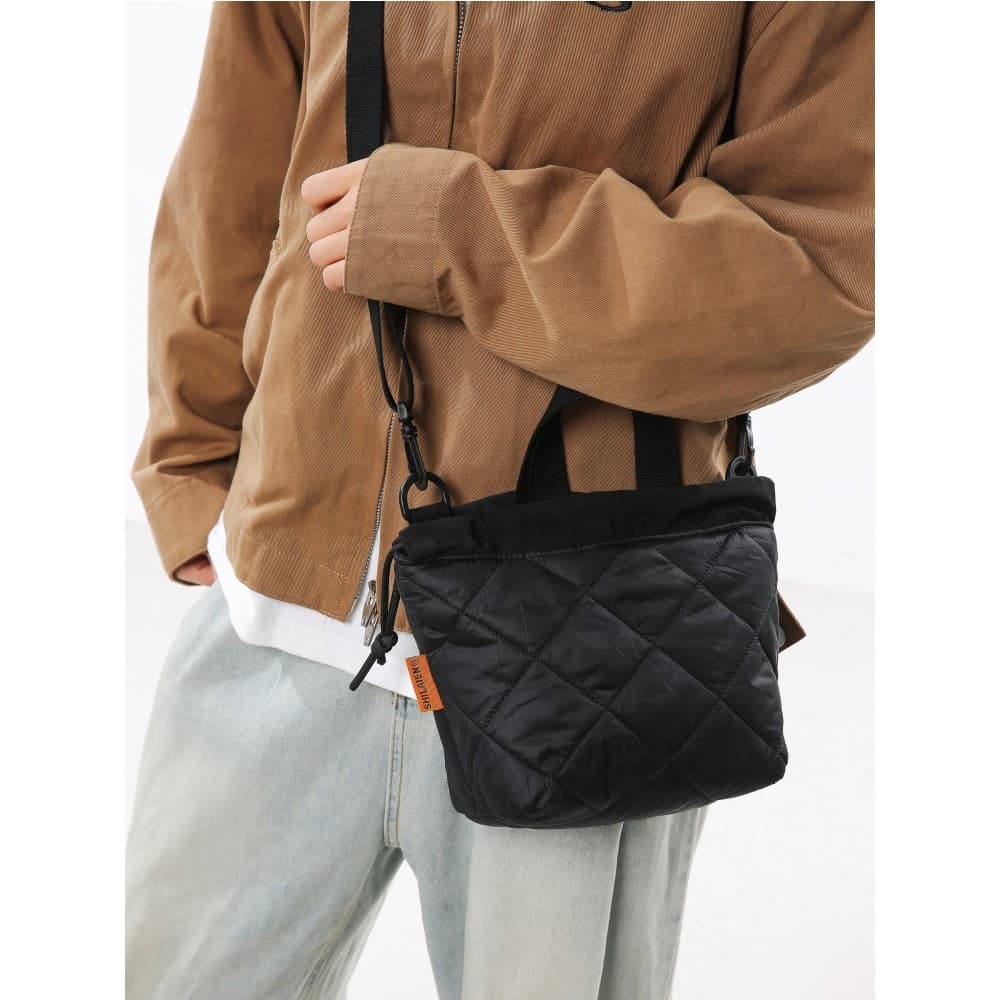 Textura de alta qualidade algodão acolchoado roupas balde saco feminino diamante cordão bolsa de ombro All-Match Casual