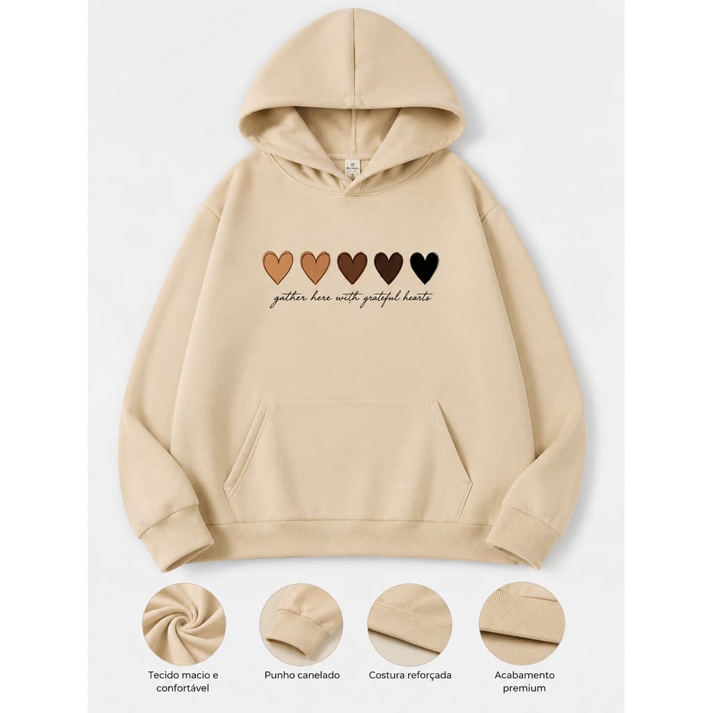 Moletom Corações Feminino Delicado Casaco Canguru e Capuz Premium Algodão