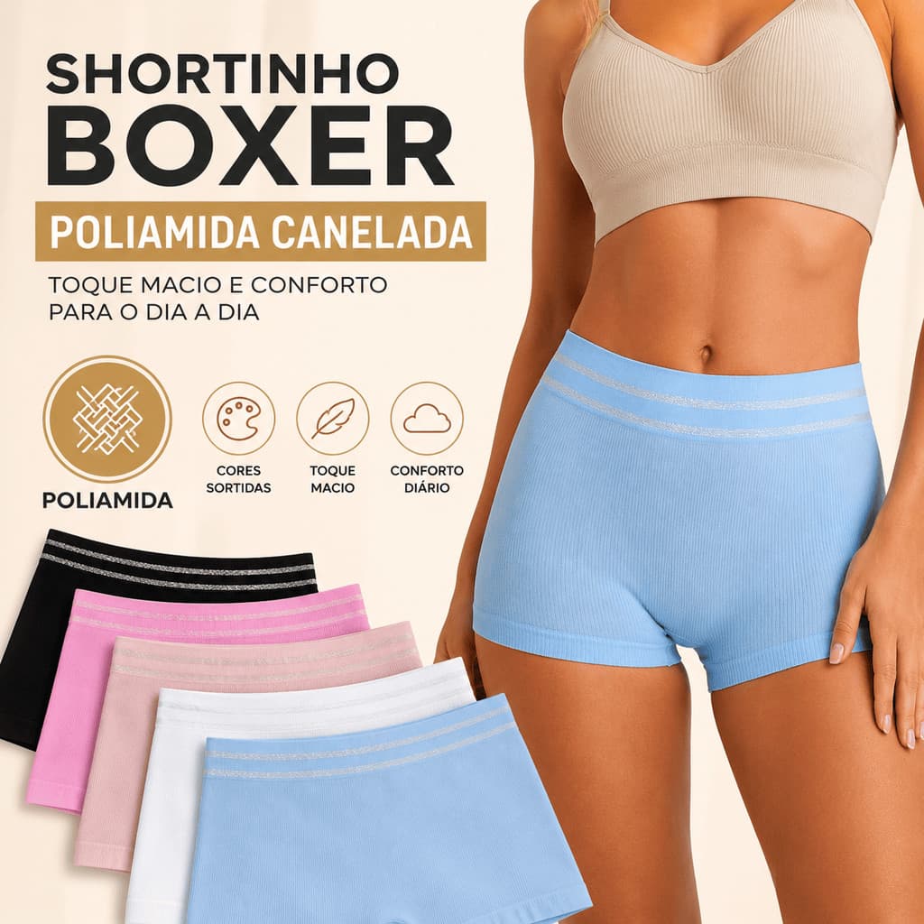 Kit Short Boxer Feminino Shortinho Box Canelado De Poliamida Cintura Alta
