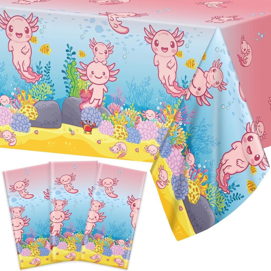 chiazllta 3 Peças Decoração de Festa de Aniversário de Axolote, Toalha de Mesa de Plástico Rosa com Desenho de Axolote,