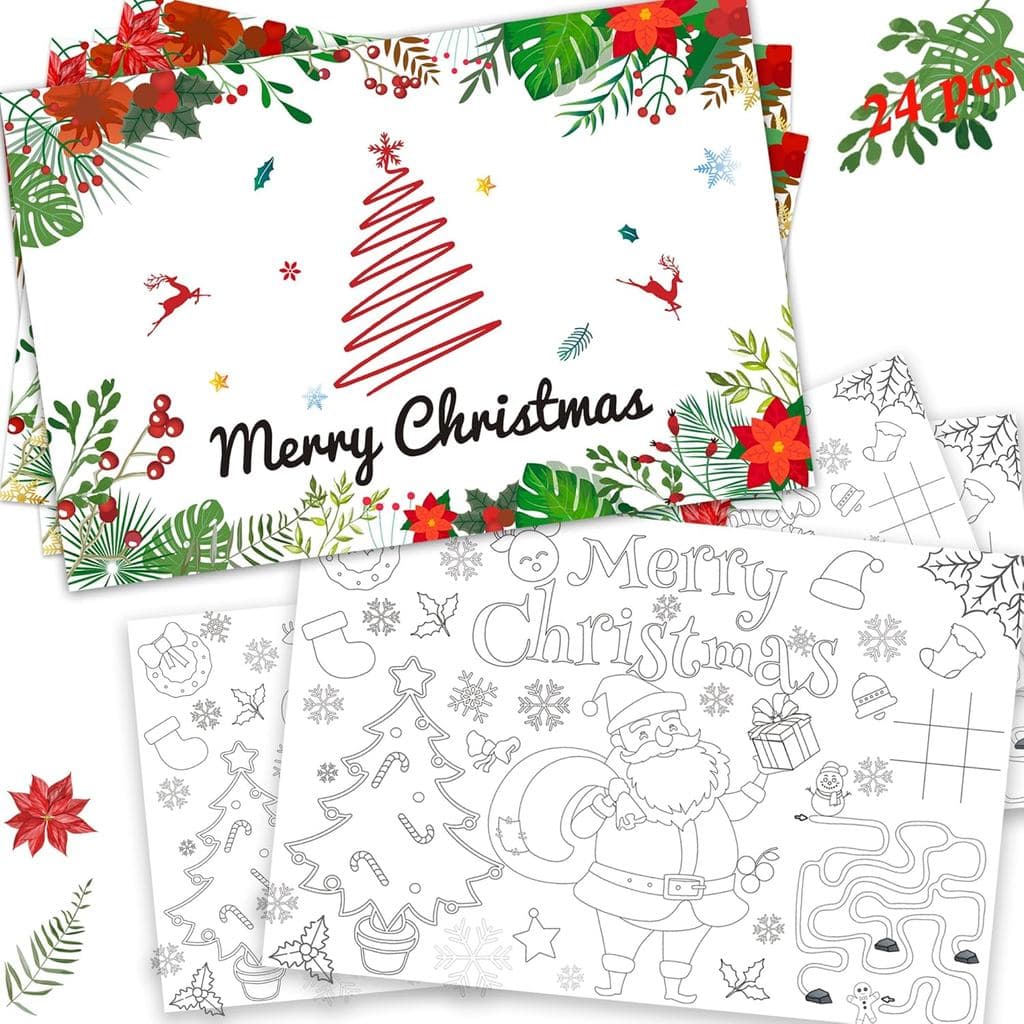 Christmas Tree Disposable Paper Placemats 24pcs, WinterPlacemats for Kids Painting Coloring Placemats, Christmas Family
