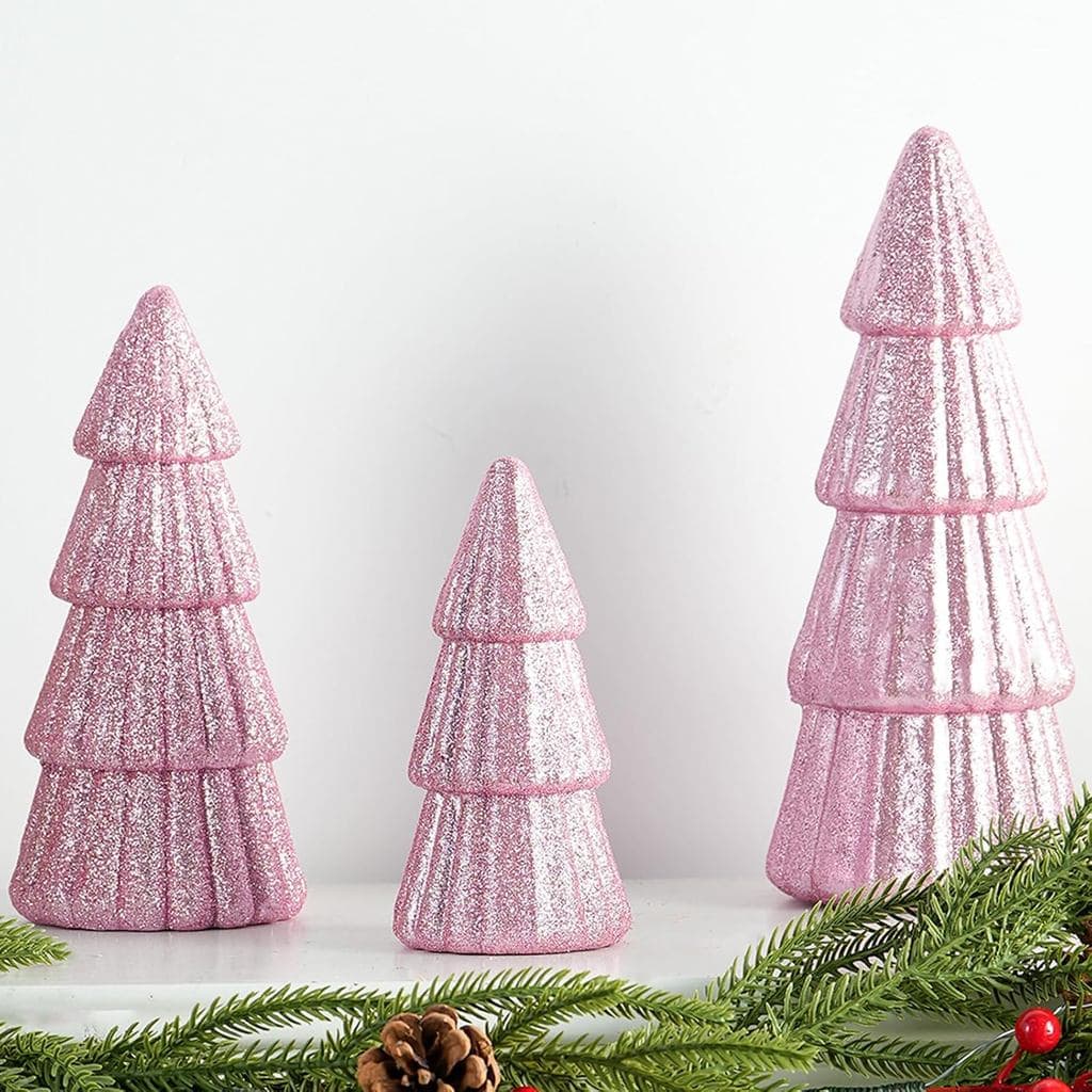 Fangoo 3 Peças de Figuras de Árvore de Natal Rosa Brilhante para Mesa, Árvore de Natal em Espuma em Forma de Cone, Centr