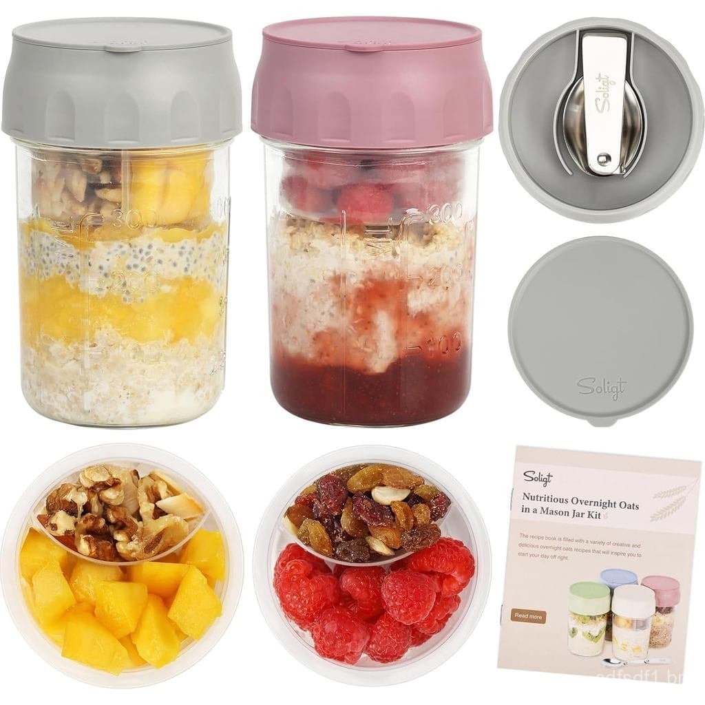 SOLIGT 2 Potes de Vidro para Aveia Noturna com Tampas, Colheres Dobráveis e Compartimentos Divididos para Frutas e Nozes