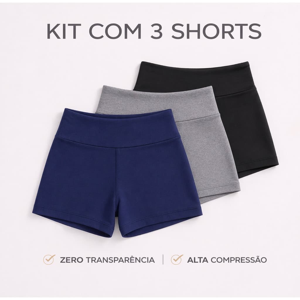 Kit 3 Shorts Basico Academia zero transparencia feminino alta compressao e cós alto