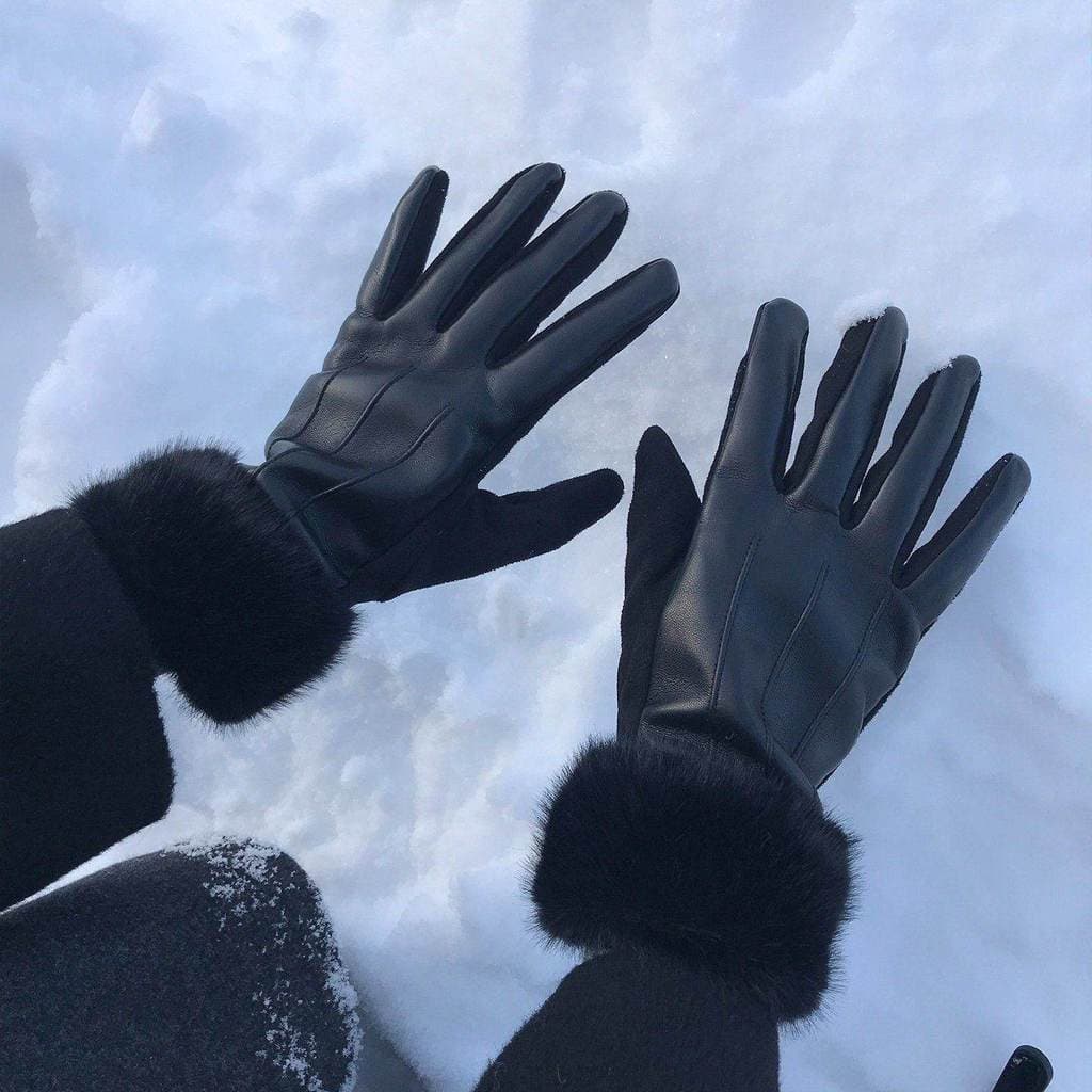 Luvas de couro femininas forro de lã de inverno luvas de ciclismo quentes espessadas para dirigir à prova de vento à pro