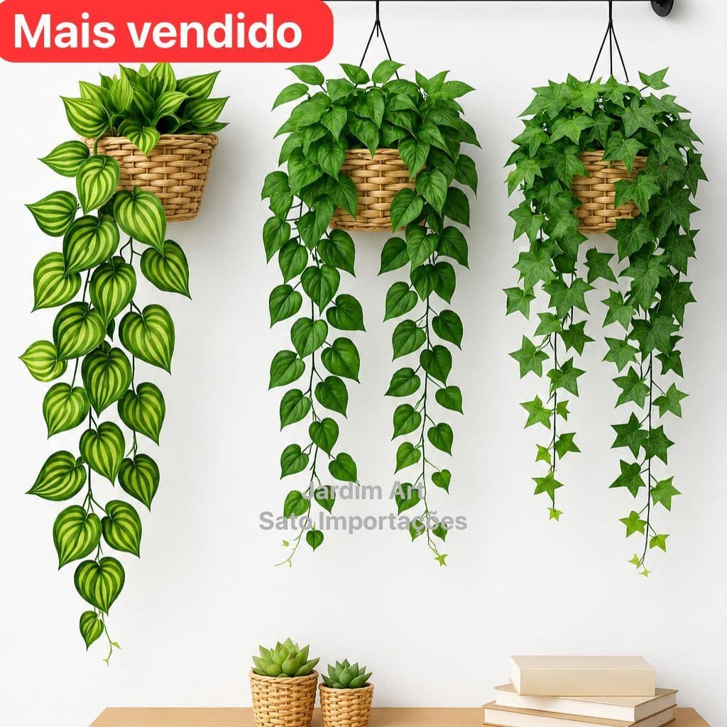 Vaso Trançado BEGE OFFWHITE Com 3 Folhagens Hera Artificial Pendente