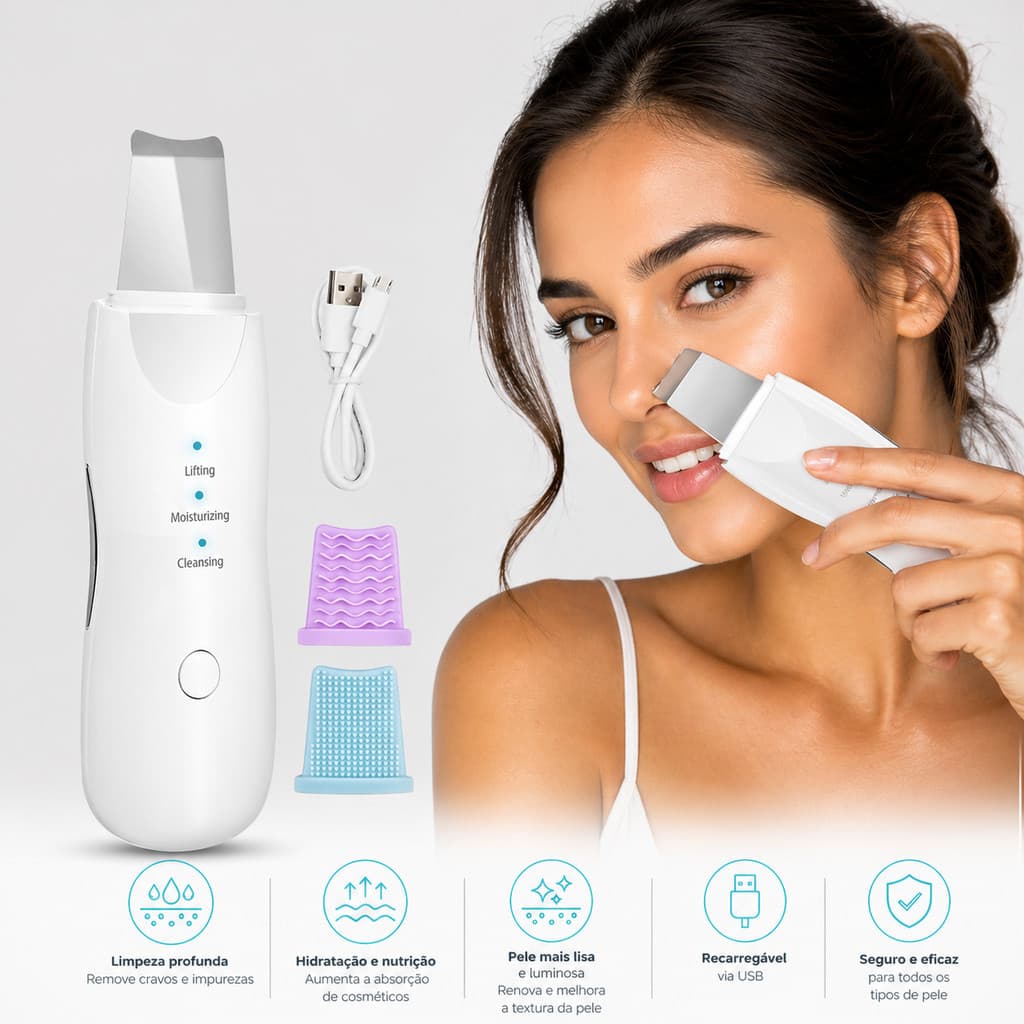 Aparelho Peeling Ultrassônico Limpeza Facial Profunda Removedor de Cravos Esfoliante Facial Antirrugas Recarregável USB