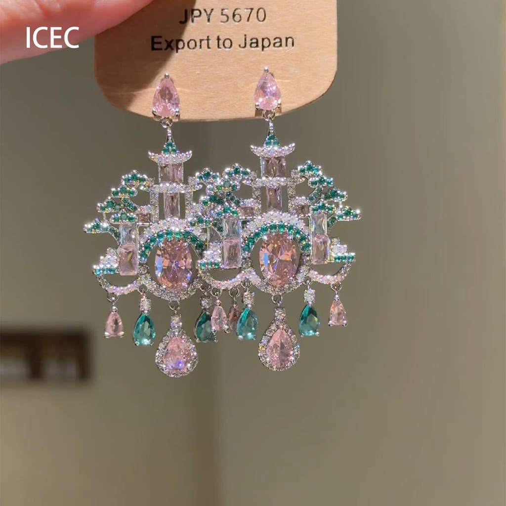 brincos feminino brinco de pressão Novo estilo chinês pavilhão indústria pesada colorido elegante brincos luz luxo High