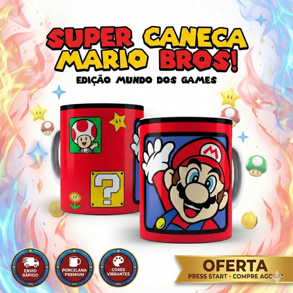 Caneca Super Mario Bros & Turma - Arte Gamer Geek Nostalgia - Porcelana 325ml Premium
