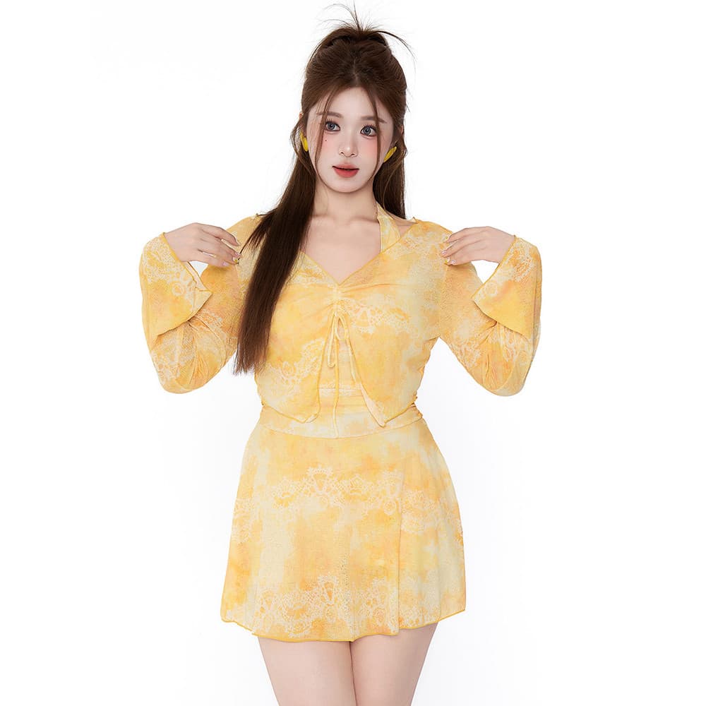 Zhuangmu maiô feminino branco Halterneck saia de uma peça blusa conservadora manga longa Plus Size gordura mm mais magro