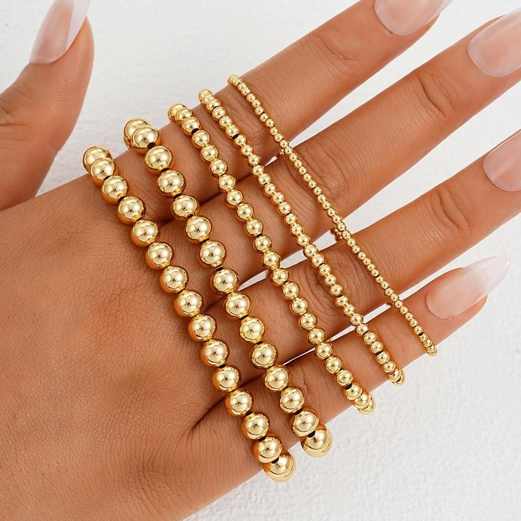 Pulseiras De Contas De Ouro Para Mulheres , 5 Peças Delicadas Banhadas A 14K Grossas Com Elásticas