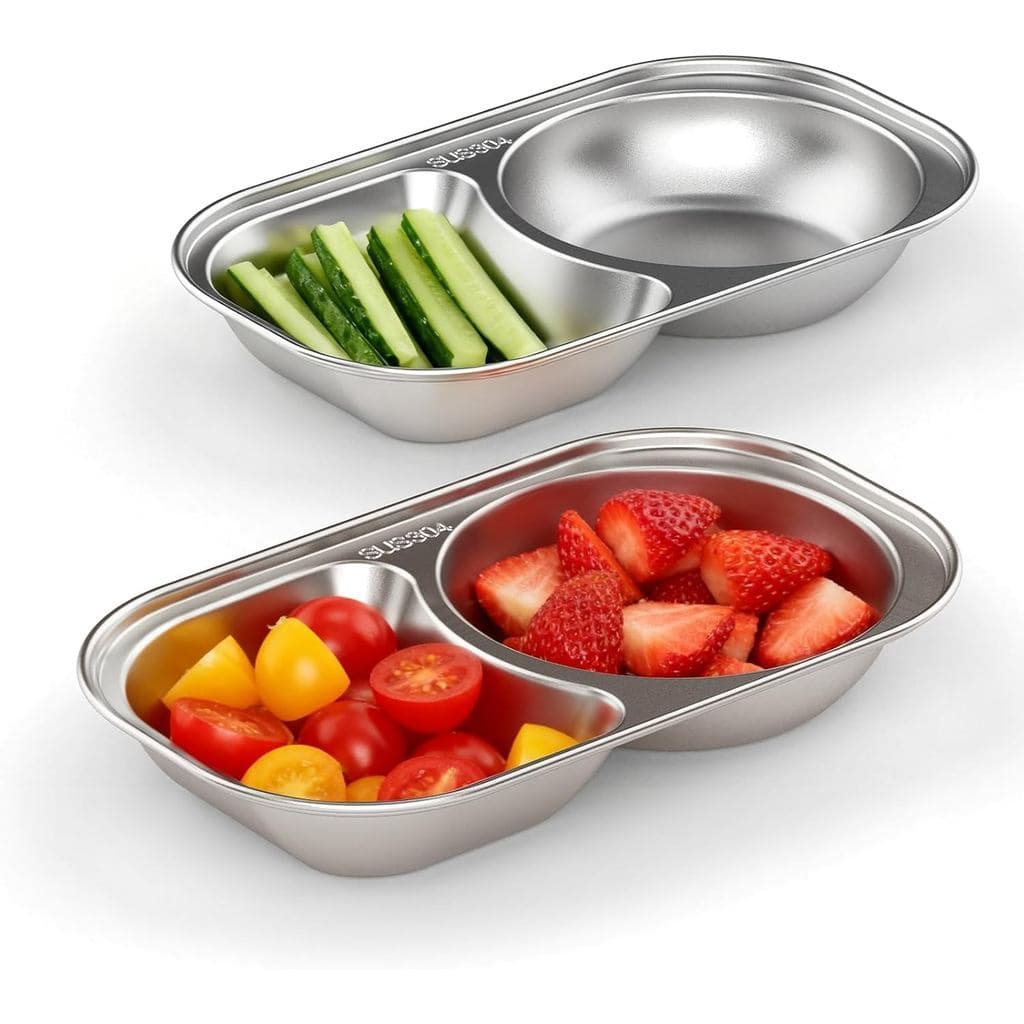 2 Pratos de Aço Inoxidável para Crianças com 2 Divisórias, Pratos Infantis para Controle de Porções de Lanches, Prato Pe