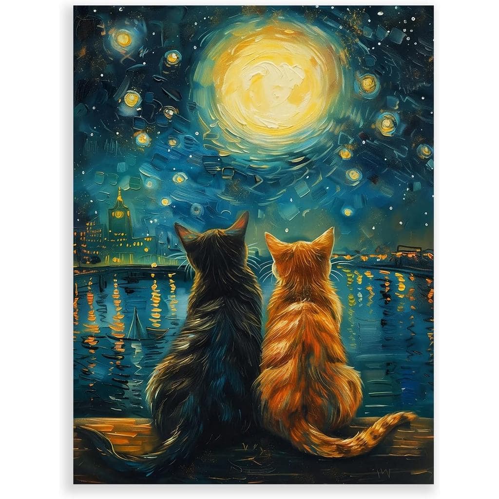 Pôster de Arte de Parede Noite Estrelada com Gatos, Impressões de Pintura a Óleo de Gatos Vintage para Decoração de Quar