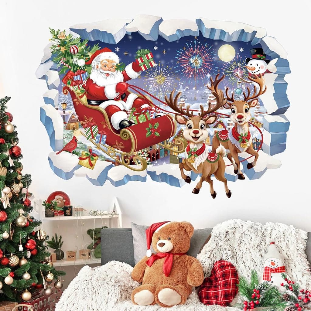 Adesivos de Parede 3D de Natal da Wondever: Papai Noel, Rena e Boneco de Neve - Decalques de Arte para Janelas e Paredes