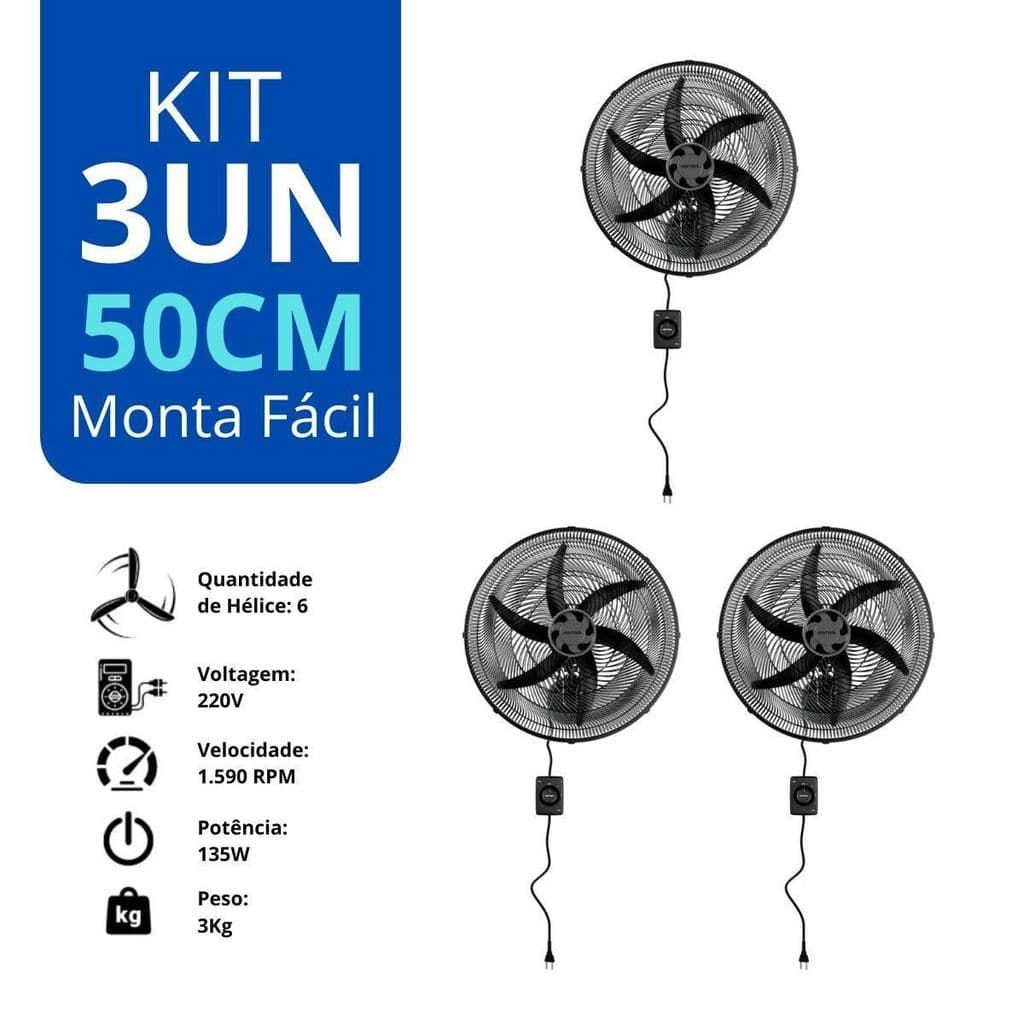 Kit 3 Ventilador de Parede Oscilante Monta Fácil 50cm Preto 6P 220V Premium Ventisol