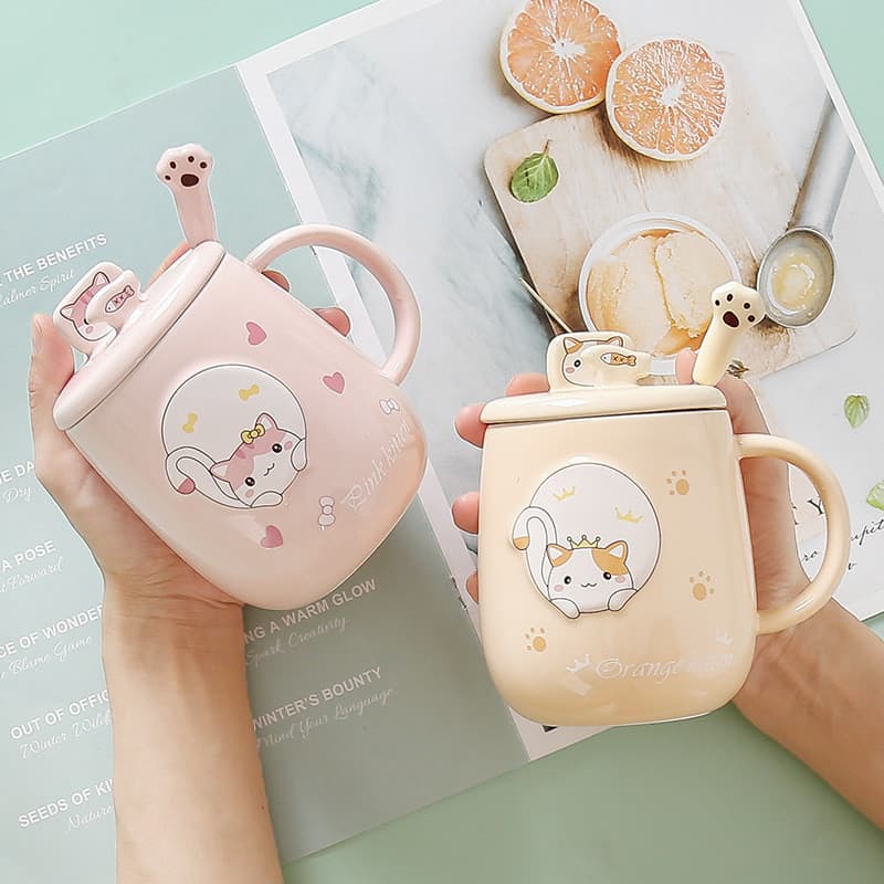 Gato dos desenhos animados impresso caneca de cerâmica menina coração gato garra colher escritório doméstico