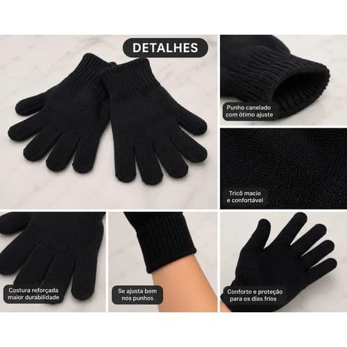 Luvas De Lã Frio Inverno Adulto Preta Unissex Mão Preto Lisa