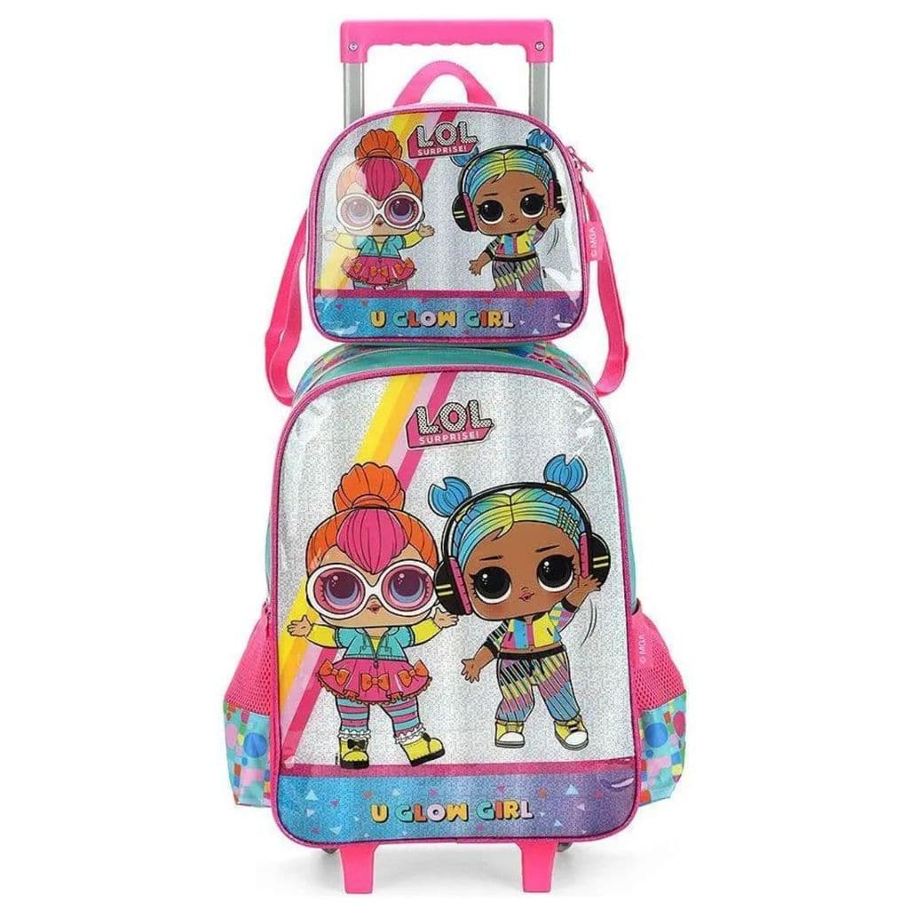 Kit Mochila Rodinha Lancheira Boneca Lol Prata Luxcel