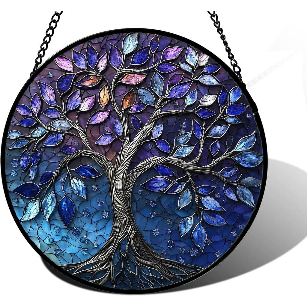DASTOLL Decoração de Janela em Vitral, Apanhador de Sol Árvore da Vida Azul e Roxo, Painel de Vidro Colorido com Plantas