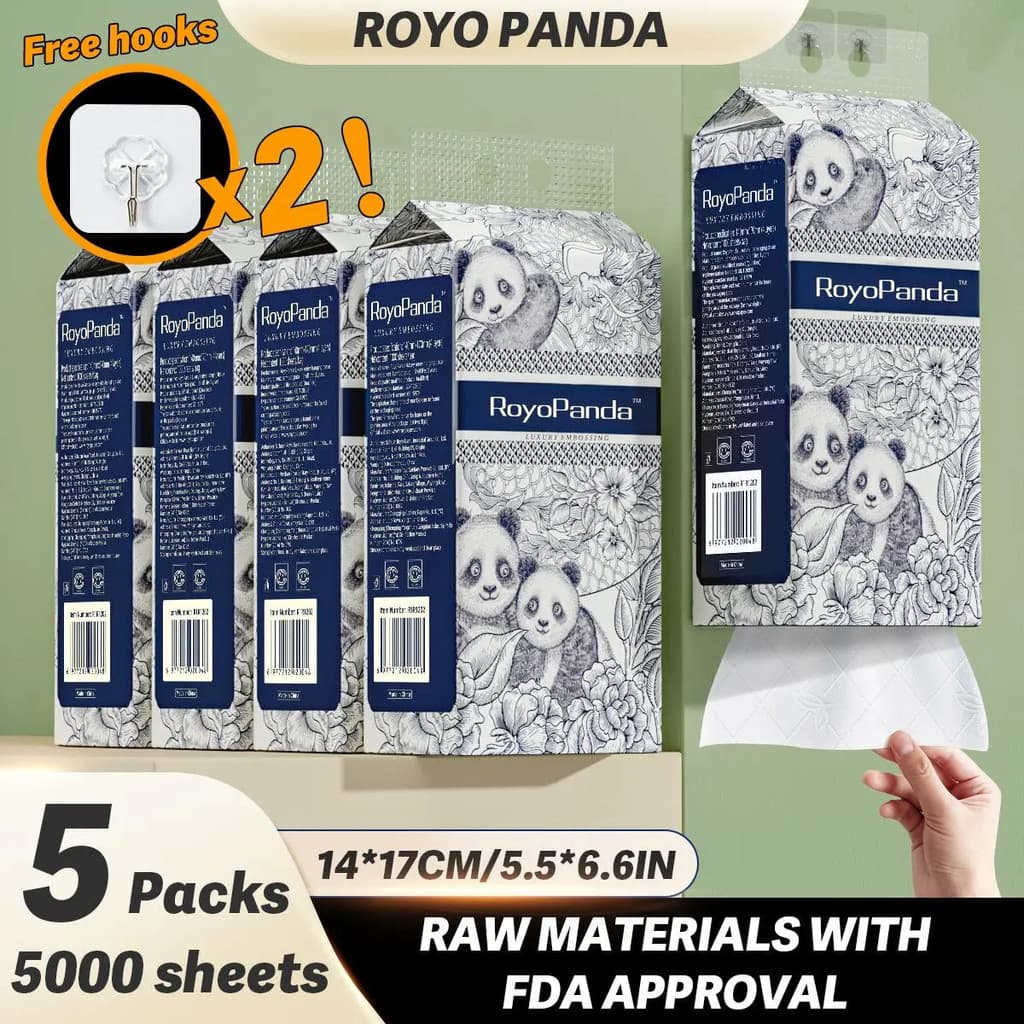 [OFERTA ESPECIAL] ROYOPANDA 5 Pacotes de Papel Higiênico Suspenso 5000 Folhas 4 Camadas Macio e Resistente 140×170mm Tam