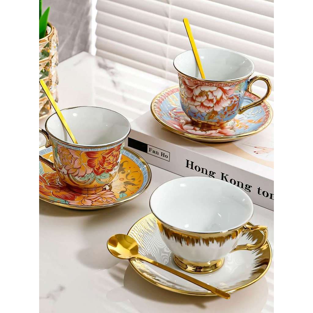 Conjunto de xícara de café de cerâmica europeia britânica flor da tarde chá doméstico pequeno luxo elegante xícara de ca