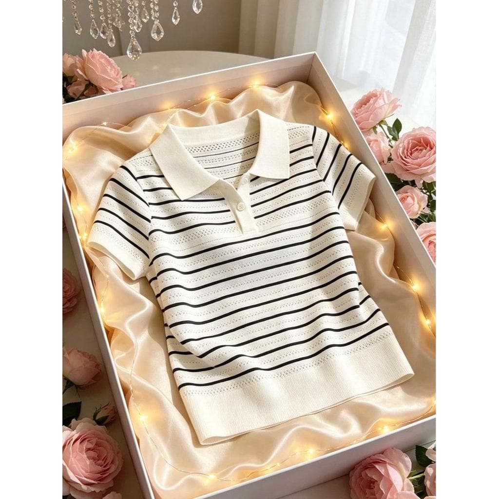 2026 verão novo estilo listrado gola polo de malha de manga curta camiseta feminina moda All-Match capa barriga