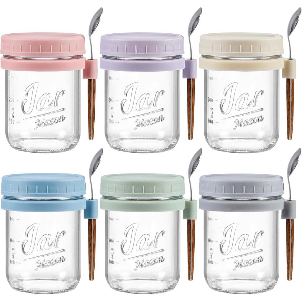 Conjunto de 6 Recipientes para Overnight Oats com Tampas e Colheres, Potes de Vidro de 16 oz para Overnight Oats, Potes