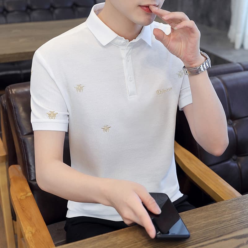 Verão na moda camisa Polo de manga curta masculina Casual negócios bordado pequena abelha lapela manga fina magro-ajuste