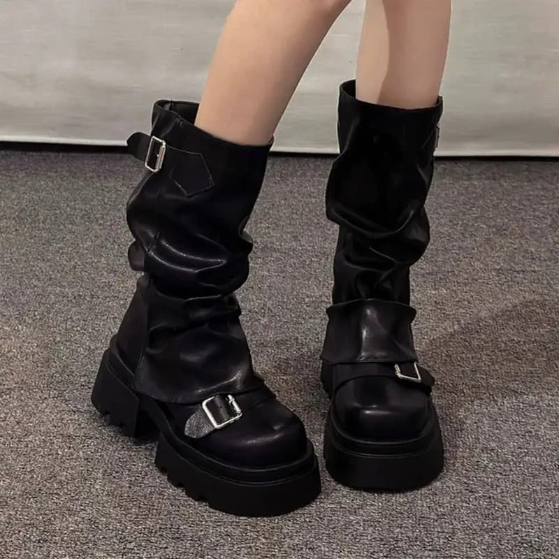 Novo Design Botas de Motociclista Femininas com Plataforma e Fivela, Botas Altas até o Joelho, Estilo Harajuku Gladiator