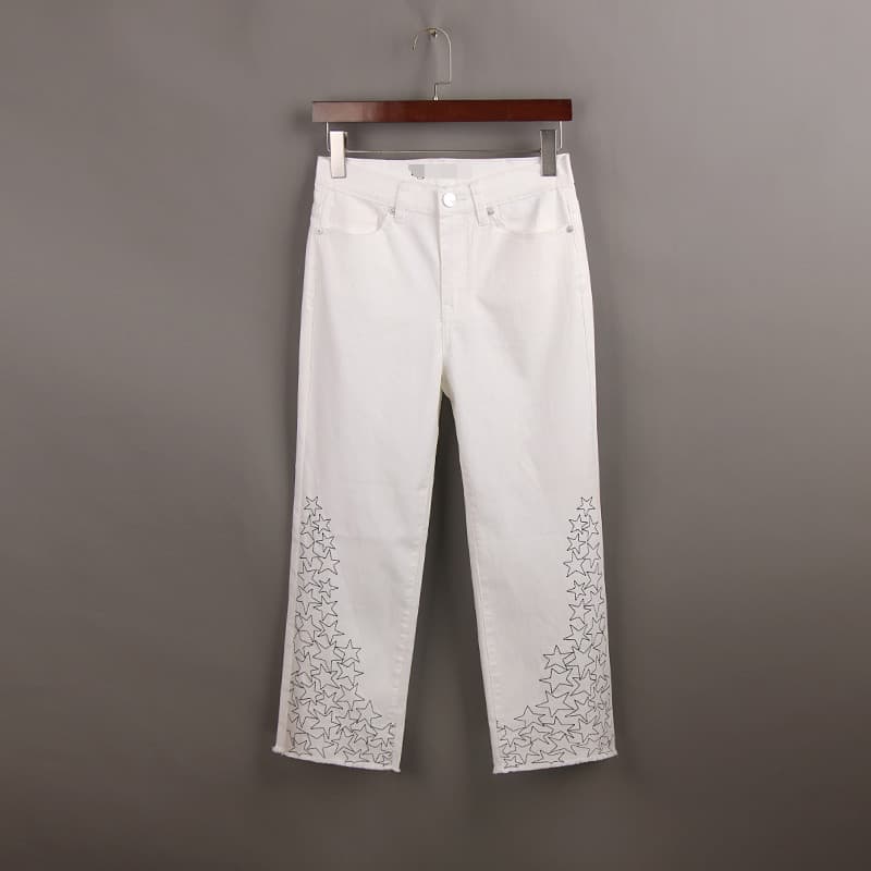 Primavera novo estilo branco bordado Jeans feminino ordem estrangeira estilo étnico tamanho grande cintura alta estirame