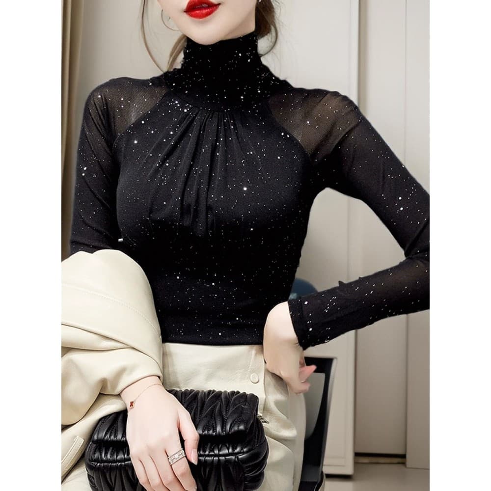 Outono inverno novo estilo renda gola alta camisa de fundo feminino terno interior estilo ocidental preto gaze forro de