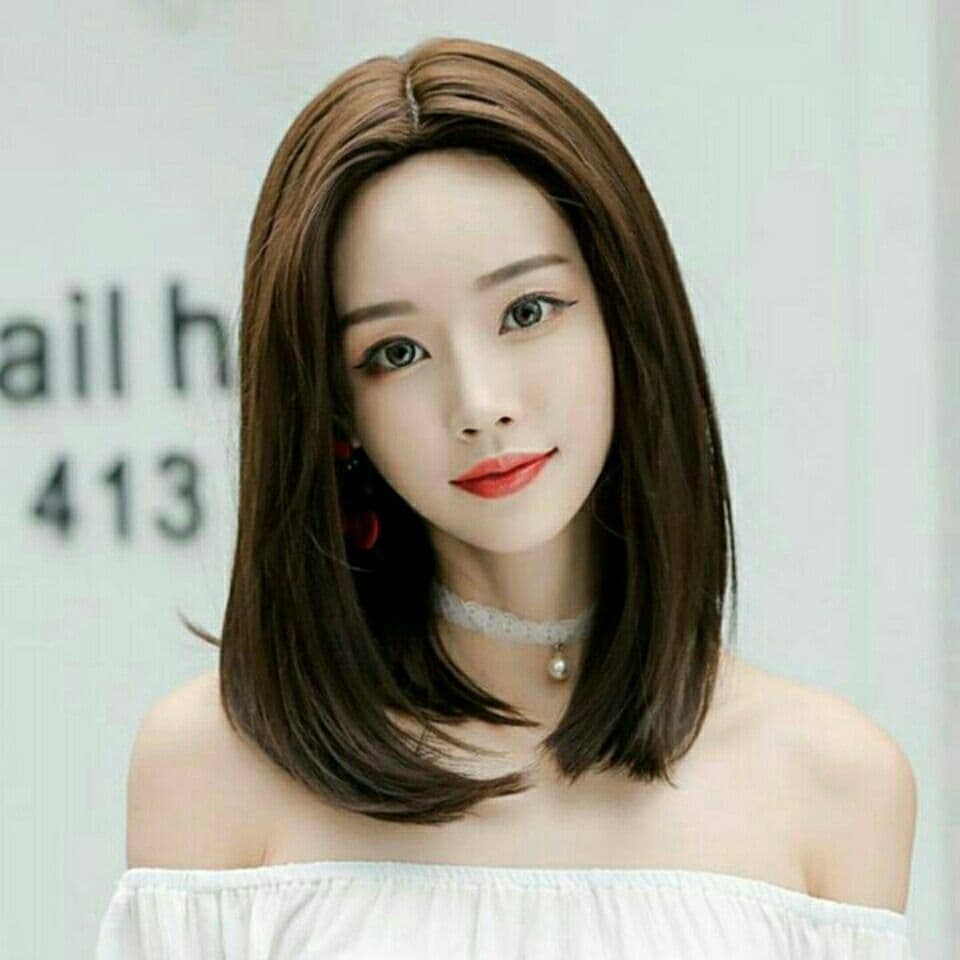 Peruca feminina influenciadora ombro comprimento cabelo curto comprimento médio cabelo reto temperamento rosto @-