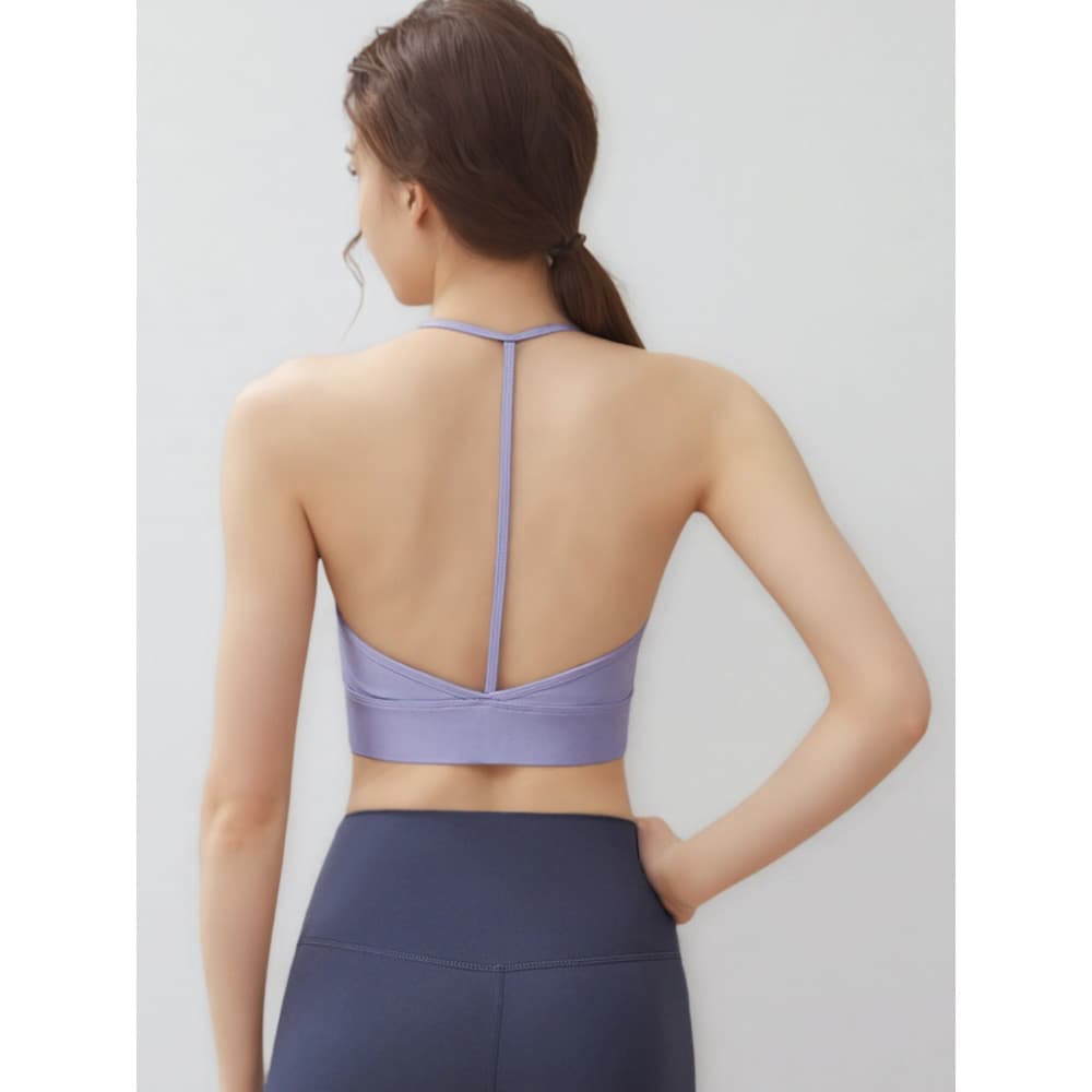 Em forma de T Halter pescoço alça de ombro fina bela volta roupa interior esportiva feminina à prova de choque correndo