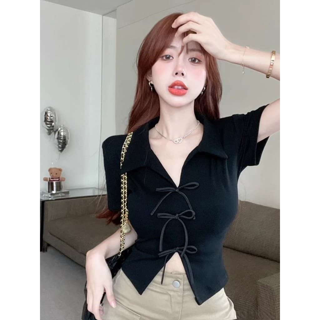 Puro desejo doce picante Bowknot gola polo de manga curta camiseta feminina Design de verão nicho francês estilo curto F