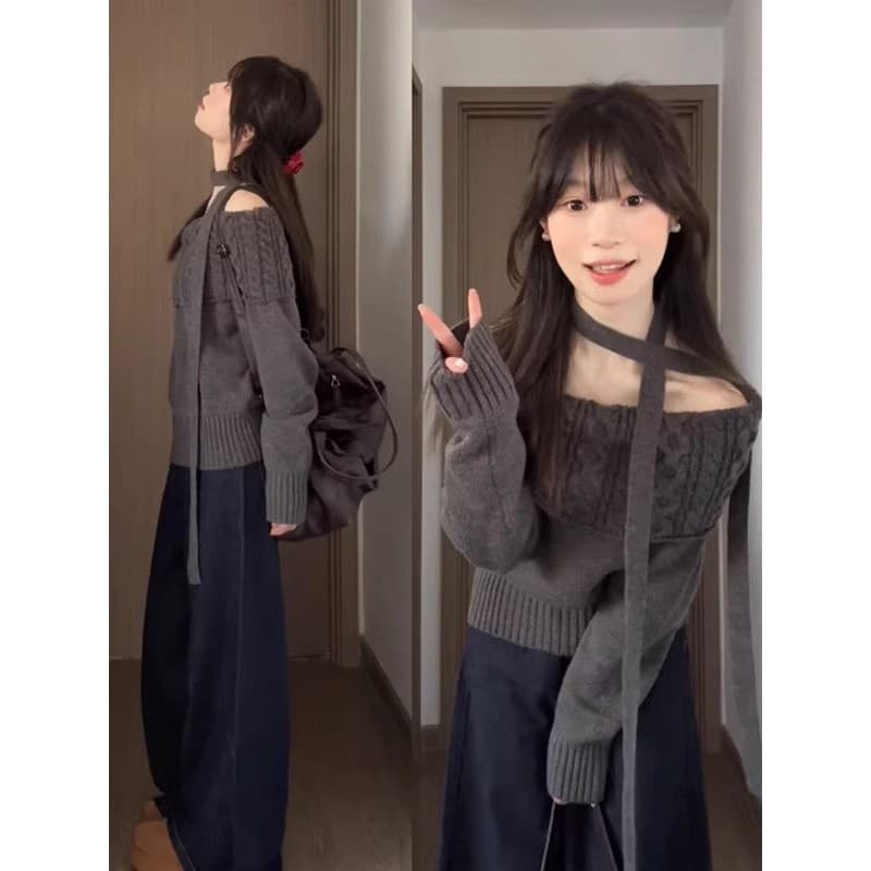 Estilo coreano usar camisola de fita de um ombro feminino outono inverno solto macio ceroso interior sem alças curto peq