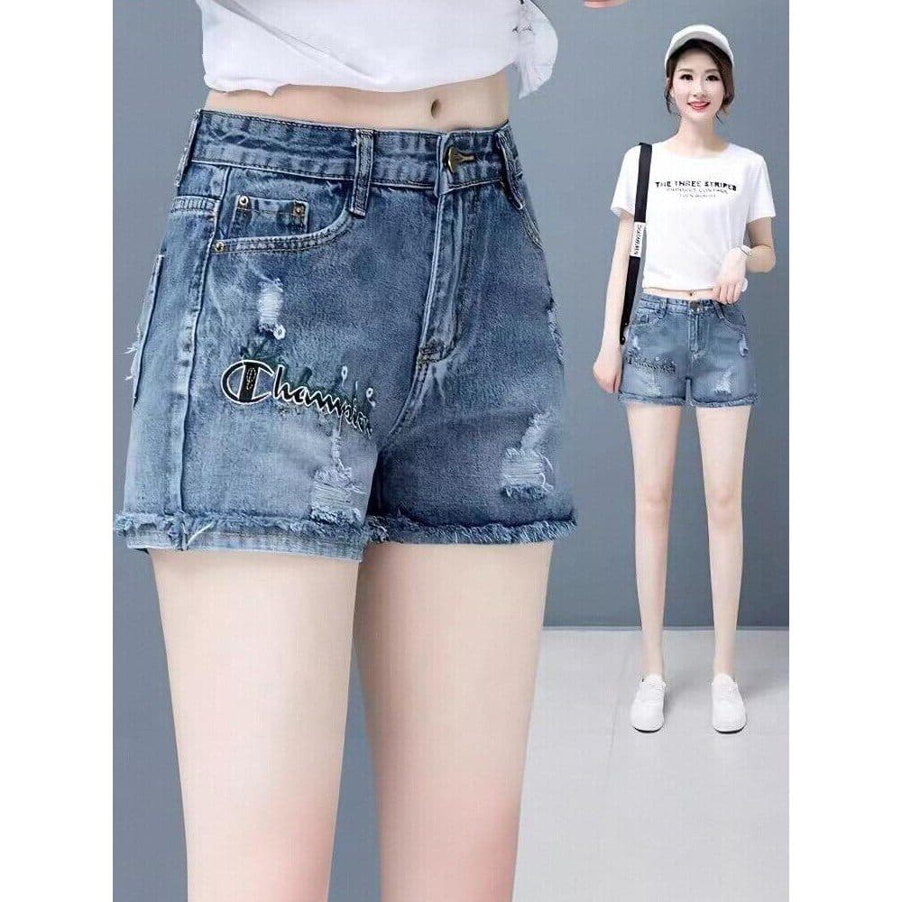 2025 verão novo estilo rasgado Denim Shorts feminino cintura alta versão coreana em linha reta mais magro olhar bordado