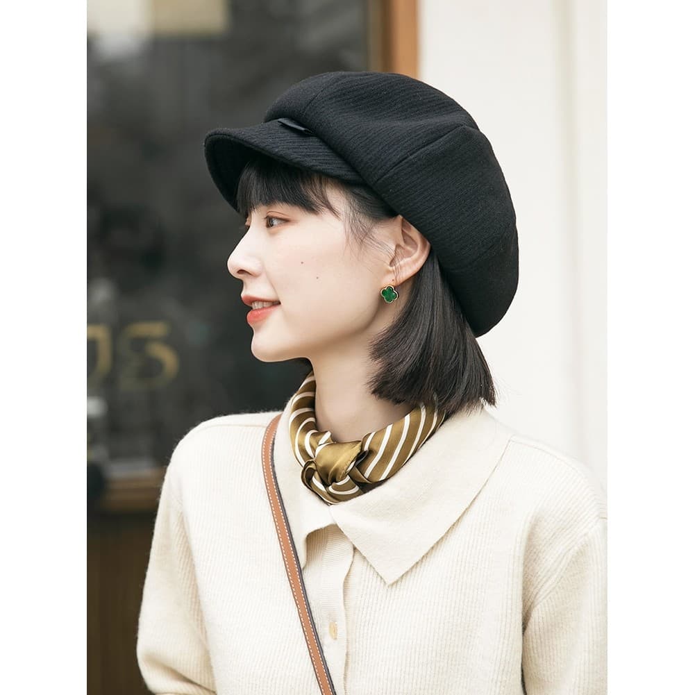 Outono inverno octogonal chapéu feminino japonês All-Match puro preto Newsboy chapéu senhoras moda inverno boné de pico