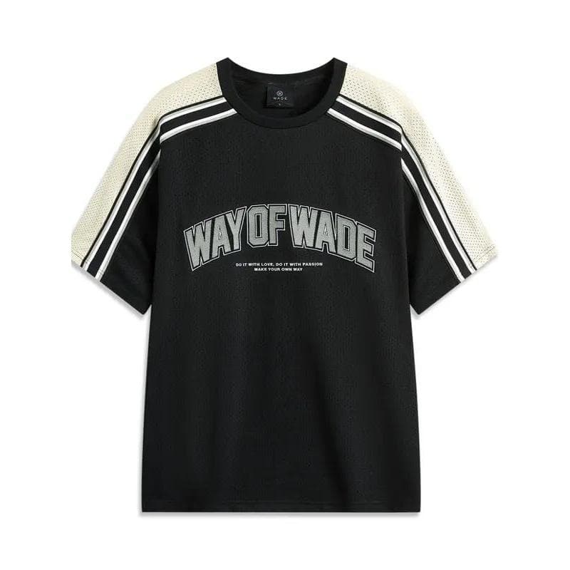 Li Ning manga curta outono masculino Wade série solta em torno do pescoço carta impressão cor-bloqueando camisa Cultural