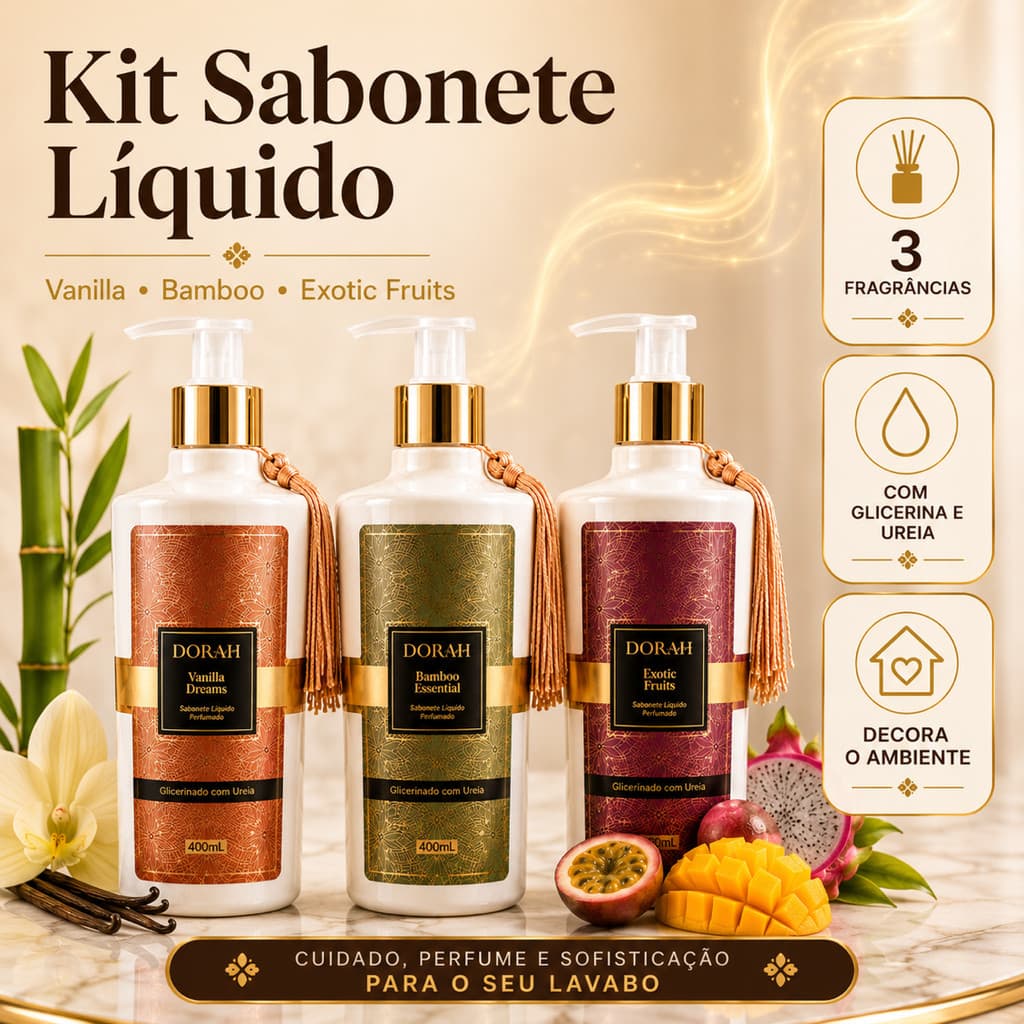 Kit 3 Sabonetes Líquidos Luxo Dorah Beauty 400ml - Ultra Hidratante com Ureia (Vanilla, Bamboo e Exotic)