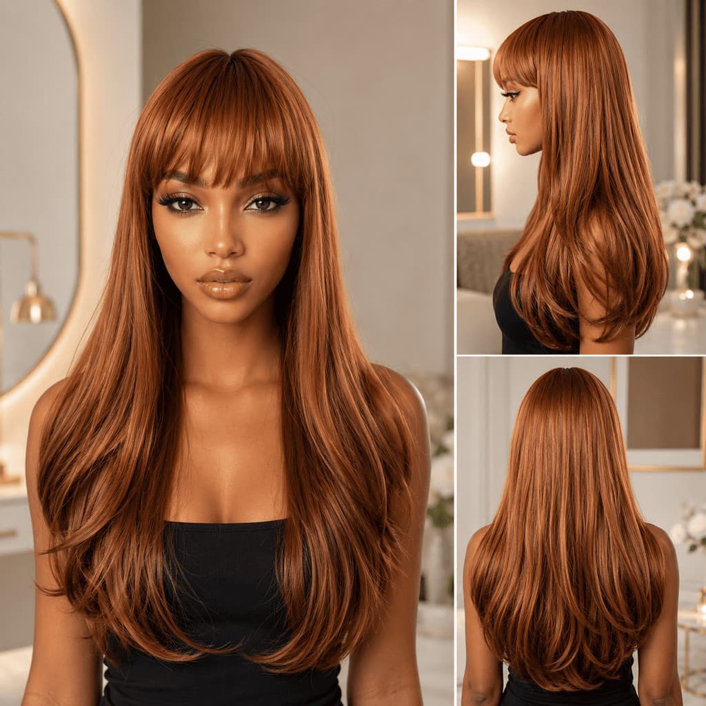 Peruca Lace Cor Castanho Linha Popular Fibra Liso Com Franja 60cm 260g Top Hair JULIA-302