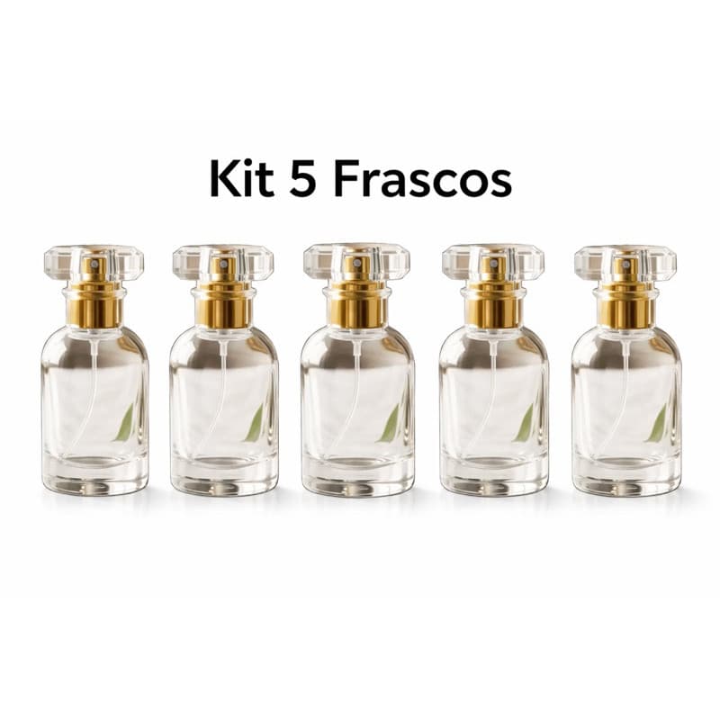 Kit 5 Frascos Vidro Spray Elegante Luxo Transparente Porta Perfume Tampa Dourada Essências Viagem 30ml
